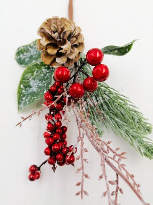 Crenguta brad artificial pentru aranjamente Craciun cu bilute rosii ilex si con brad 30 cm [3]