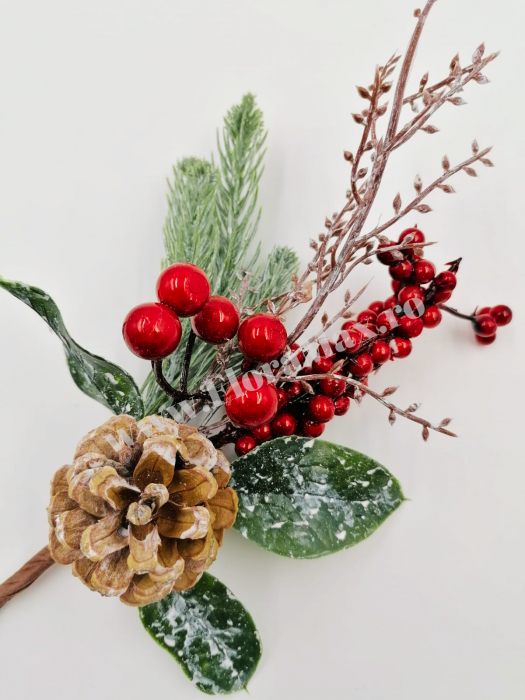 Crenguta brad artificial pentru aranjamente Craciun cu bilute rosii ilex si con brad 30 cm [1]