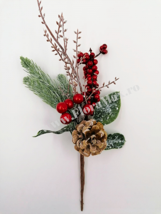 Crenguta brad artificial pentru aranjamente Craciun cu bilute rosii ilex si con brad 30 cm [2]