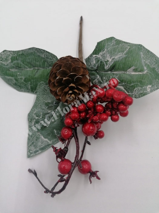 Crenguta brad artificial  pentru aranjamente Craciun cu bilute Rosii ilex si conuri brad 23 cm [3]