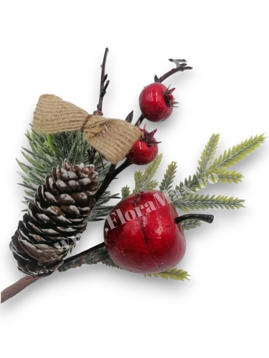 Crenguta brad artificial pentru aranjamente Craciun cu bilute rosii mar rosu si con brad si sclipici 23 cm [1]
