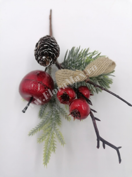 Crenguta brad artificial pentru aranjamente Craciun cu bilute rosii mar rosu si con brad si sclipici 23 cm [3]