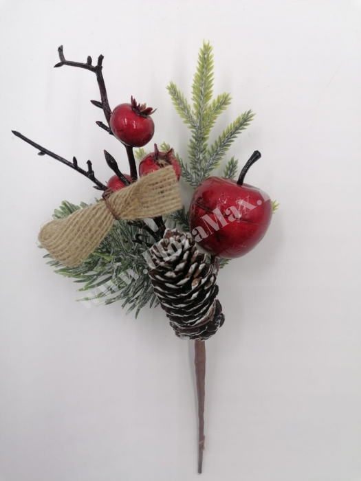 Crenguta brad artificial pentru aranjamente Craciun cu bilute rosii mar rosu si con brad si sclipici 23 cm [2]