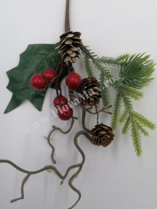 Crenguta brad artificial  pentru aranjamente Craciun cu bilute rosii si conuri brad 23 cm [3]