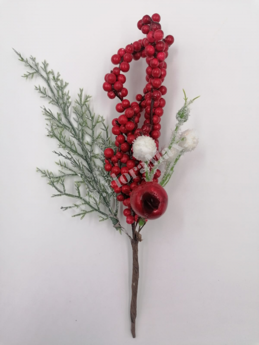 Crenguta brad artificial pentru aranjamente Craciun cu ilex bilute rosii si mar rosu 24 cm [2]