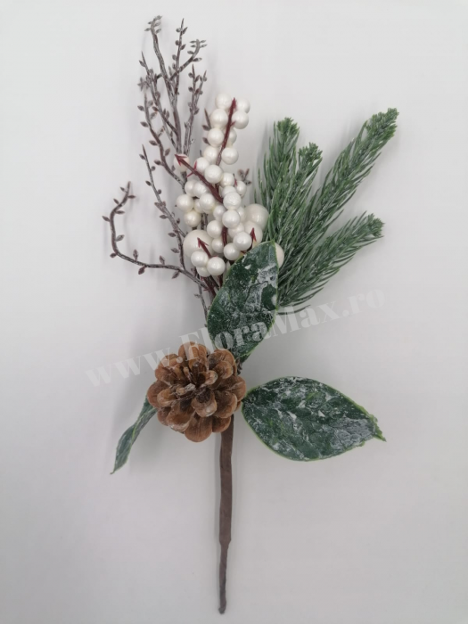 Crenguta brad artificial pentru aranjamente Craciun cu ilex si con brad bilute albe 29 cm [2]