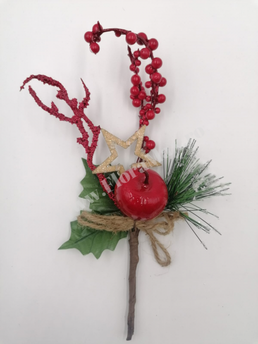 Crenguta brad artificial  pentru aranjamente Craciun cu ilex si mar rosu 27 cm [2]