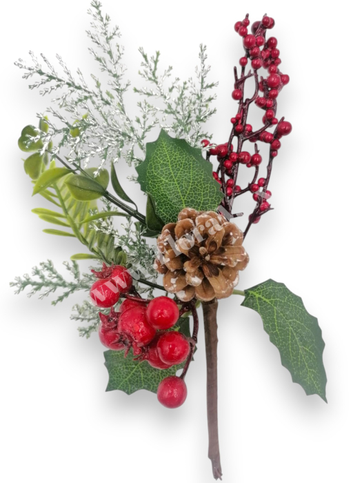 Crenguta Craciun pentru decoratiuni aranjamente cu bilute rosii, ilex si con brad 25 cm [2]