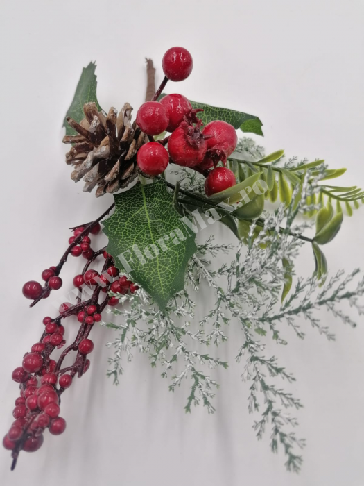 Crenguta Craciun pentru decoratiuni aranjamente cu bilute rosii, ilex si con brad 25 cm [3]