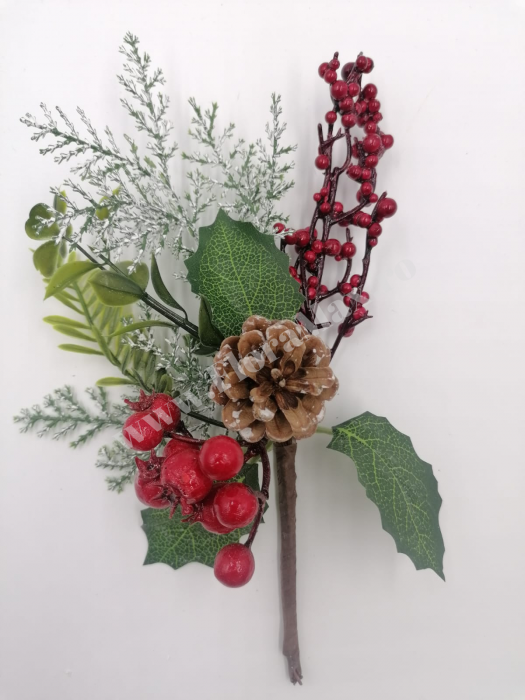 Crenguta Craciun pentru decoratiuni aranjamente cu bilute rosii, ilex si con brad 25 cm [2]