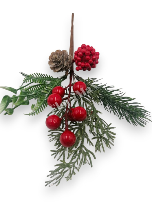 Crenguta Craciun pentru decoratiuni aranjamente cu bilute rosii, ilex si con brad 27 cm [3]