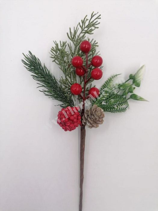Crenguta Craciun pentru decoratiuni aranjamente cu bilute rosii, ilex si con brad 27 cm [2]
