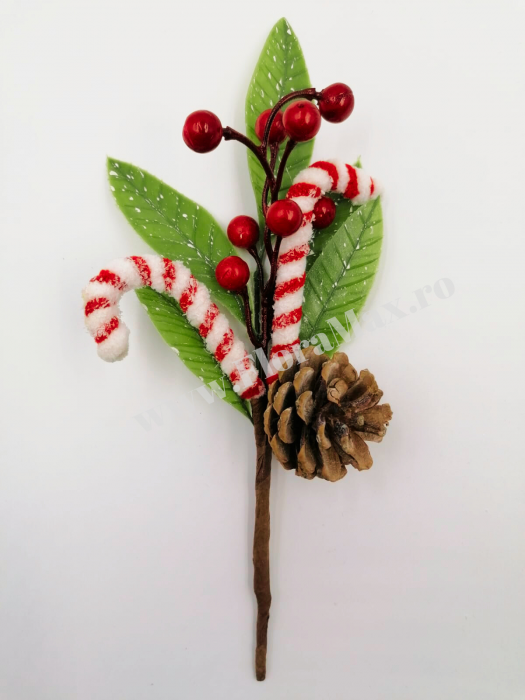 Crenguta pentru aranjamente Craciun cu bastonase rosii , bile rosii si con brad 26 cm [2]