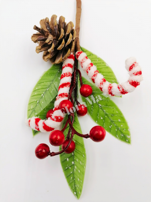 Crenguta pentru aranjamente Craciun cu bastonase rosii , bile rosii si con brad 26 cm [3]