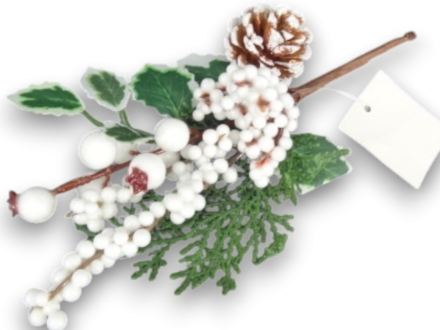 Crenguta pentru aranjamente Craciun cu bilute albe, macese albe con 24 cm [1]