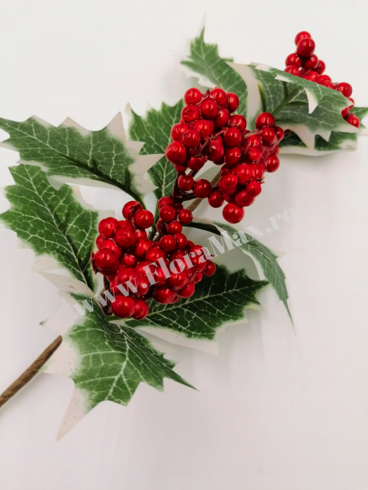 Crenguta pentru aranjamente Craciun cu bilute ilex rosii 29 cm [1]