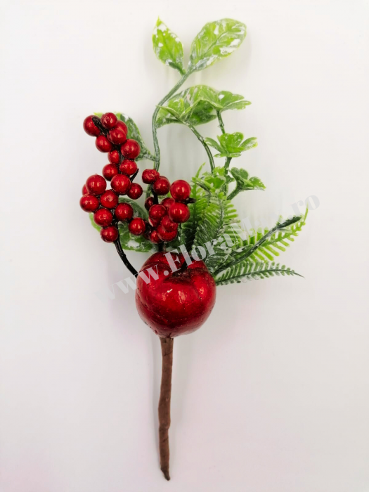 Crenguta pentru aranjamente Craciun cu bilute rosii si mar rosu 20 cm [2]