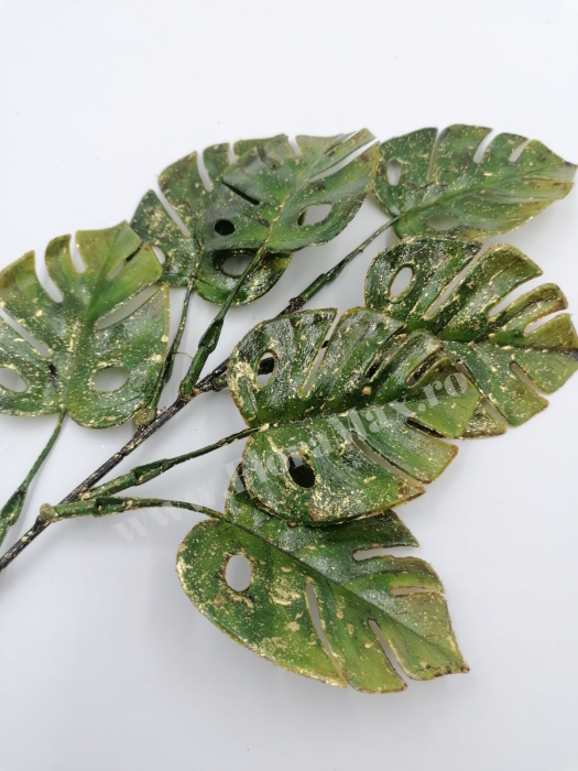 Frunze Monstera verzi cu sclipici auriu pentru aranjamente [1]