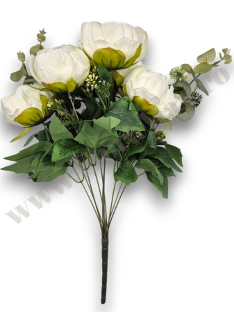 Produse - buchet mare bujori artificiali si verdeata alb ivoire 10 fire