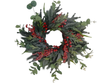 Coronita Craciun din brad verde, eucalipt si bilute rosii 42 cm