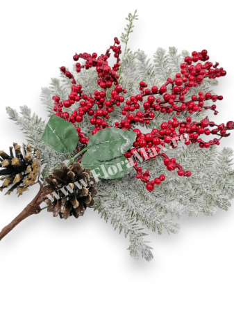 Creanga Craciun  din brad nins pentru decoratiuni aranjamente cu bilute rosii, ilex si conuri brad 48 cm