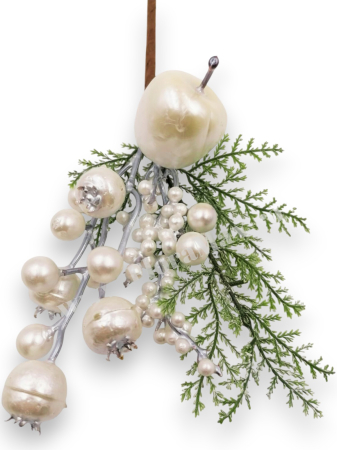 creanga decorativa craciun 28 cm cu bile albe macese mar alb brad si ilex [2]