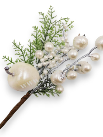 creanga decorativa craciun 28 cm cu bile albe macese mar alb brad si ilex