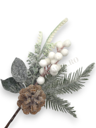 Produse - creanga decorativa craciun 30 cm cu bile albe macese mar alb brad si ilex