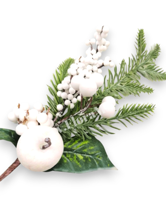 Produse - Creanga decorativa Craciun 40 cm cu bile albe, brad nins si ilex
