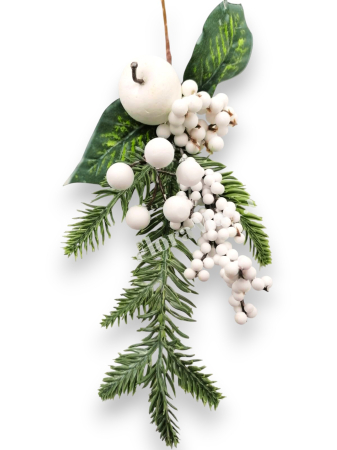 Creanga decorativa Craciun 40 cm cu bile albe, brad nins si ilex [2]