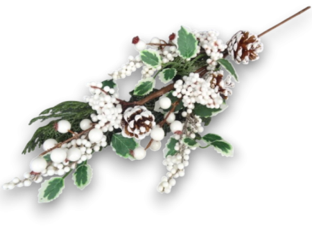 Creanga decorativa Craciun cu macese albe , con ilex alb 54 cm