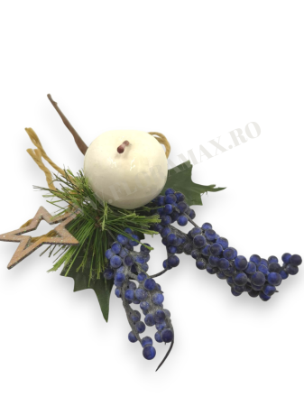 Crenguta brad artificial 22 cm cu bilute albe, ilex mov, mar alb si stea lemn pentru aranjamente Craciun [2]