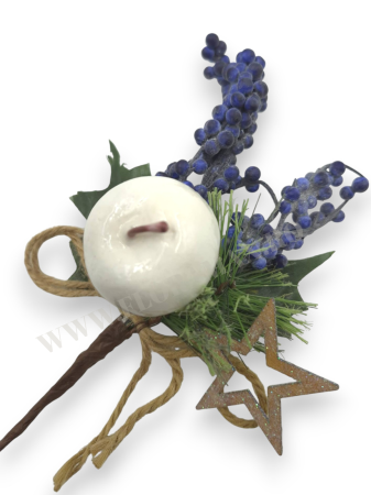 Produse - Crenguta brad artificial 22 cm cu bilute albe, ilex mov, mar alb si stea lemn pentru aranjamente Craciun