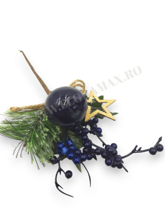 Crenguta brad artificial 22 cm cu bilute albe, ilex mov, mar alb si stea lemn pentru aranjamente Craciun [2]