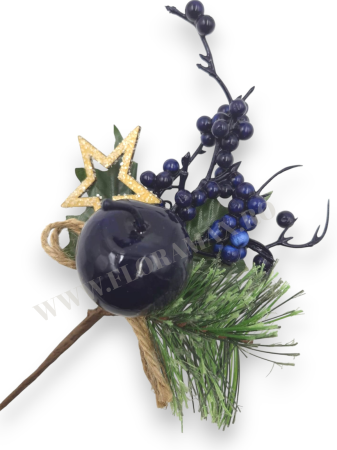 Produse - Crenguta brad artificial 22 cm cu bilute albe, ilex mov, mar alb si stea lemn pentru aranjamente Craciun