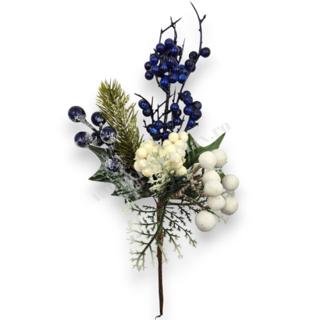 Crenguta brad artificial ninsa pentru aranjamente Craciun cu bilute albastre, ilex  si sclipici 29 cm [1]