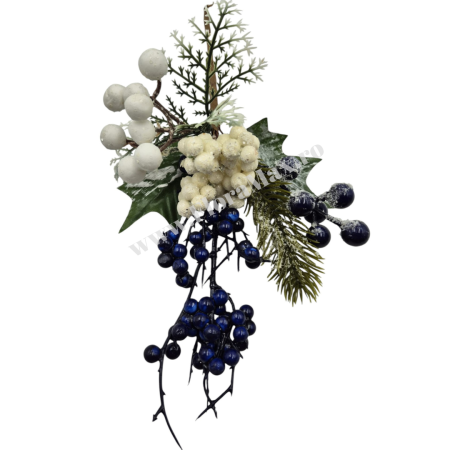 Crenguta brad artificial ninsa pentru aranjamente Craciun cu bilute albastre, ilex  si sclipici 29 cm [2]