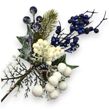 CRACIUN 2025 - Crenguta brad artificial ninsa pentru aranjamente Craciun cu bilute albastre, ilex  si sclipici 29 cm