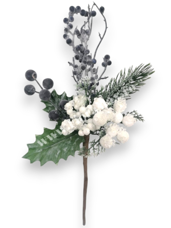 Crenguta brad artificial ninsa pentru aranjamente Craciun cu bilute albe ilex mov si sclipici 29 cm [1]