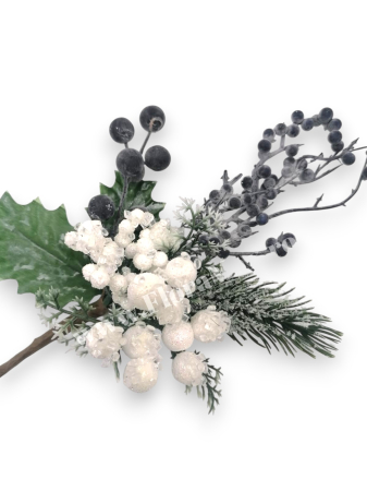 Crenguta brad artificial ninsa pentru aranjamente Craciun cu bilute albe ilex mov si sclipici 29 cm
