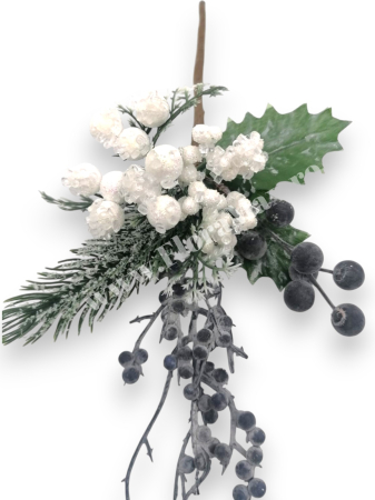 Crenguta brad artificial ninsa pentru aranjamente Craciun cu bilute albe ilex mov si sclipici 29 cm [2]