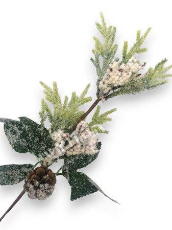 Crenguta brad artificial ninsa pentru aranjamente Craciun cu bilute albe stea alb con brad si sclipici 48 cm