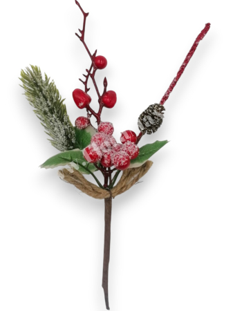Crenguta brad artificial ninsa pentru aranjamente Craciun cu bilute rosii con brad si sclipici 26 cm [1]