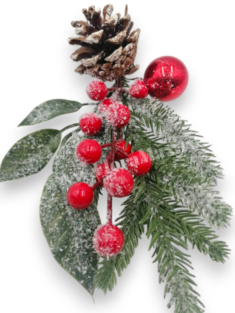 Crenguta brad artificial ninsa pentru aranjamente Craciun cu bilute rosii glob rosu con brad si sclipici 27 cm [2]