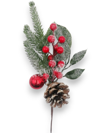 Crenguta brad artificial ninsa pentru aranjamente Craciun cu bilute rosii glob rosu con brad si sclipici 27 cm [1]