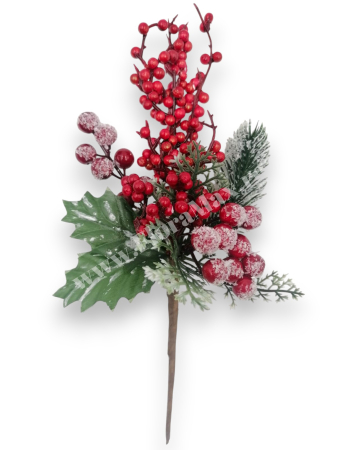 Crenguta brad artificial ninsa pentru aranjamente Craciun cu bilute rosii ilex  si sclipici 29 cm [1]