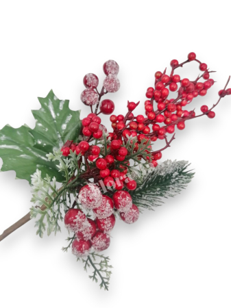 Crenguta brad artificial ninsa pentru aranjamente Craciun cu bilute rosii ilex  si sclipici 29 cm