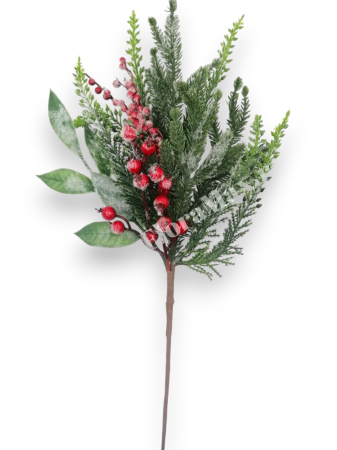 Crenguta brad artificial ninsa pentru aranjamente Craciun cu bilute rosii ilex  si sclipici 45 cm [1]