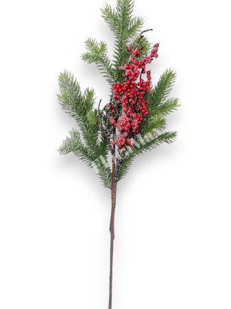 Crenguta brad artificial ninsa pentru aranjamente Craciun cu bilute rosii ilex  si sclipici 50 cm [1]