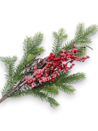 Crenguta brad artificial ninsa pentru aranjamente Craciun cu bilute rosii ilex  si sclipici 50 cm